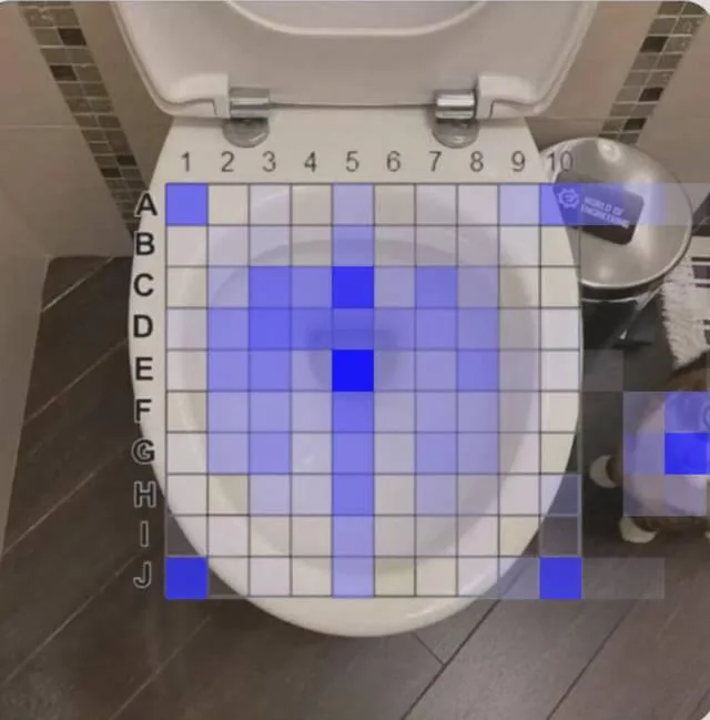Data visualisation from Reddit showing a heatmap of survey responses about where guys pee in the toilet bowl